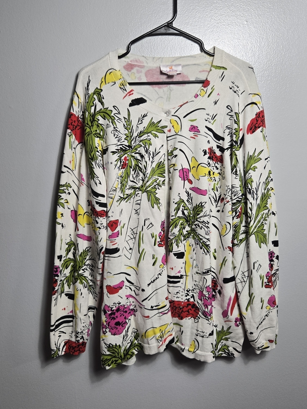 Quacker Factory Tropical Palm Tree Sketch Print 100% Cotton Cardigan Sweaters 2X